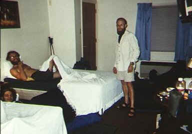 Bare Chest (on the floor), Wandering Taoist, and Court Dog in our Duncannon motel room